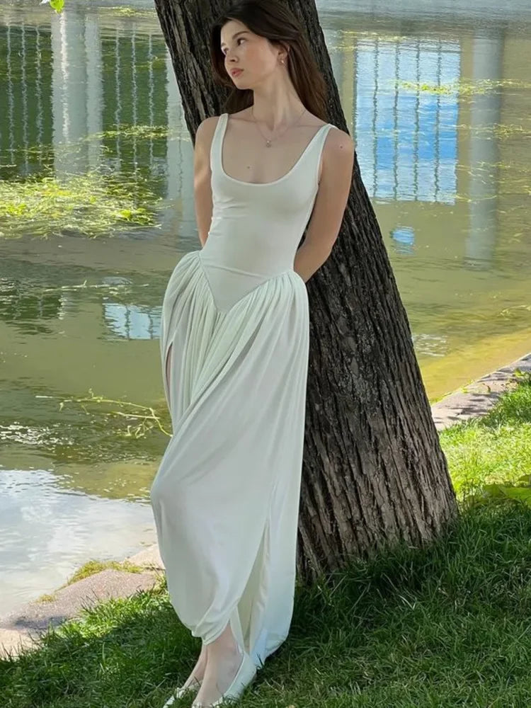 Aiertu  -   Elegant Sleeveless Elastic Tight Long Dress Women Fluffy Skirt Split Backless Evening Dress Slim Party Vacation Vestidos Aiertu
