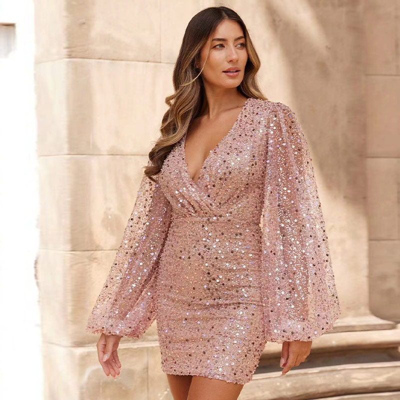 Aiertu Sexy Bright Sequin Lantern Long Sleeve Dress Summer Fashion Slim Nightclub Party Dresses Female V Neck Bodycon Mini Robe Aiertu