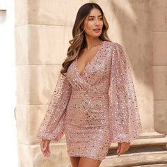 Aiertu Sexy Bright Sequin Lantern Long Sleeve Dress Summer Fashion Slim Nightclub Party Dresses Female V Neck Bodycon Mini Robe Aiertu