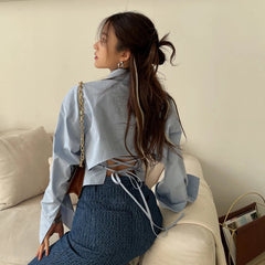 Aiertu Korean Long Sleeve Shirt Women Sexy Strap Backless Chic Blouse Office Lady Slim Lace Up Turn Down Collar Casual Top Aiertu