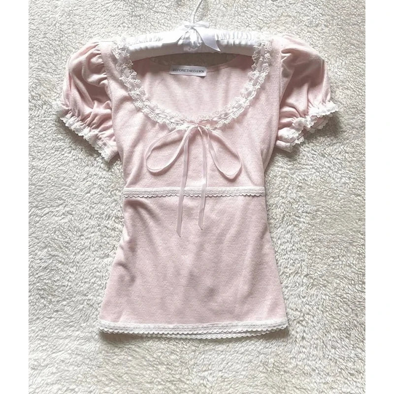 Aiertu  -  Kawaii Pink T Shirt Women Japanese Cute Bow Lace Up Tops Summer Y2K Korean Fashion Lace Patchwork Puff Short Sleeve Tees Aiertu