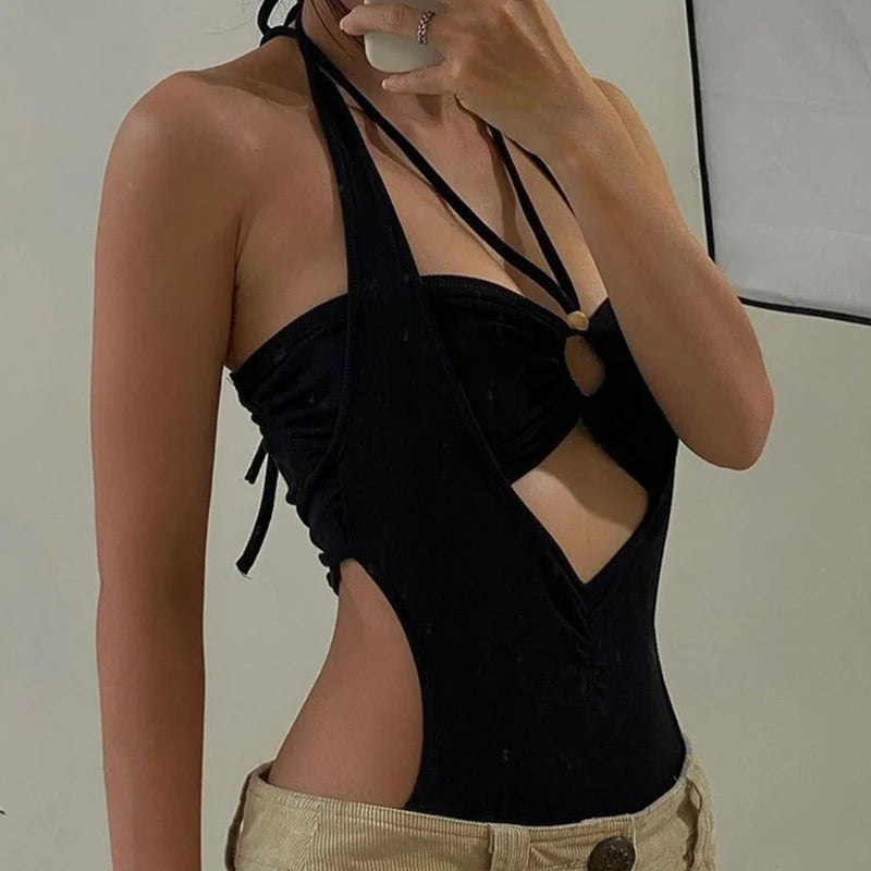 Aiertu  -  Women's Hollow Out Jumpsuits Vintage Black Gothic Playsuits Harajuku Rompers Streetwear Fashion 90s Overalls Emo Clothes Summer Aiertu