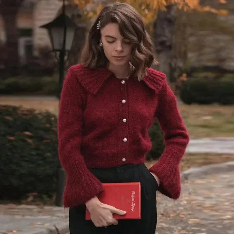 Aiertu     -  Fall Outfits 2026 Vintage Doll Collar Cardigans Women Casual Single Breasted Long Flare Sleeve Sweaters 2026 Autumn New Female Fashion Knitwear Aiertu