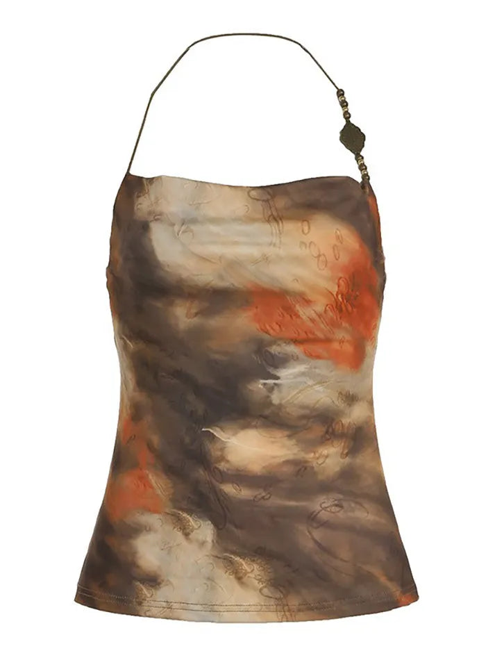 Aiertu  -Vintage Abstract Print Contrast Beaded Halter Top aiertu
