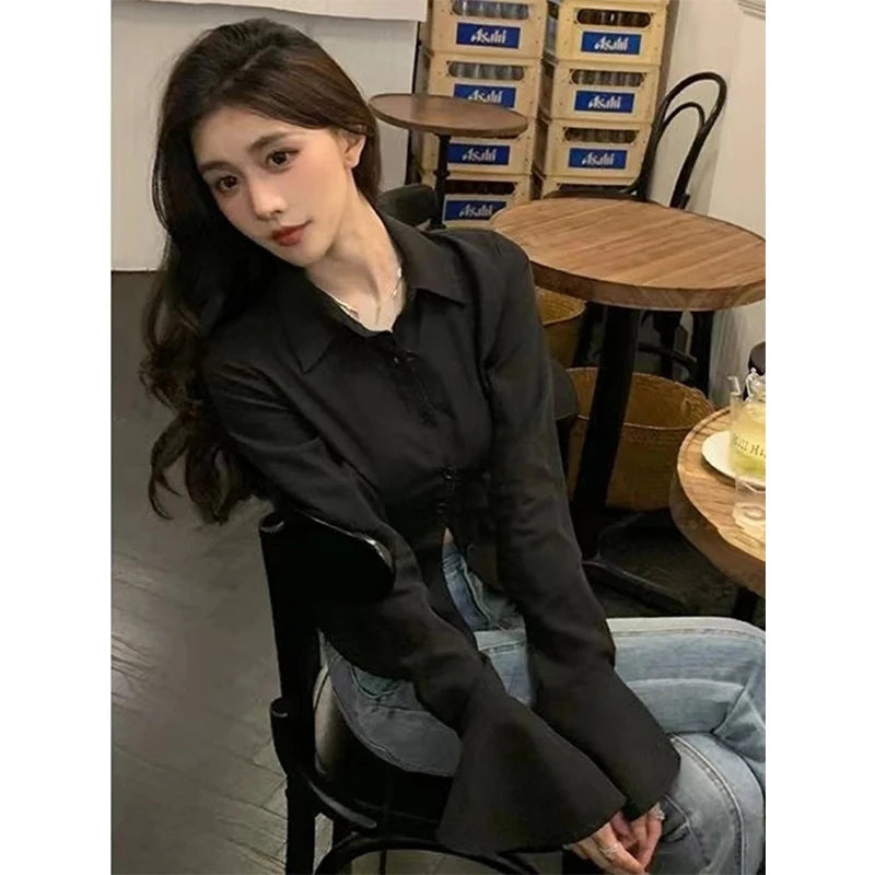 Aiertu Y2K White Blouses Women Sexy Bandage Slim Shirts Office Lady Korean Fashion Black Long Sleeve Waist Tunic Chic Casual Tops Aiertu