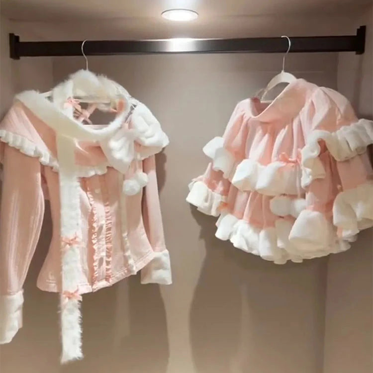 Aiertu  -  Korean Style Winter Atmospheric Sweet and Cute Bow Slim Two-piece Set for Women Y2k Retro Pink Sexy Trendy Fluffy Pleated Skirt Aiertu