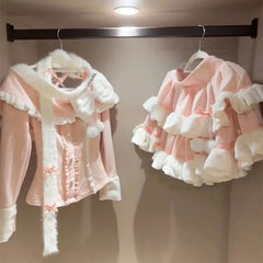 Aiertu  -  Korean Style Winter Atmospheric Sweet and Cute Bow Slim Two-piece Set for Women Y2k Retro Pink Sexy Trendy Fluffy Pleated Skirt Aiertu