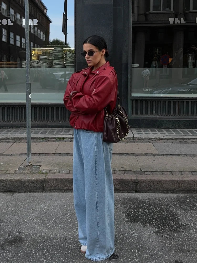 Aiertu  -  Women Vintage Wine Red Single Breasted Leather Jacket Elegant Lapel Long Sleeve Loose Short Coat Autumn Chic Lady Street Outwear Aiertu