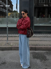 Aiertu  -  Women Vintage Wine Red Single Breasted Leather Jacket Elegant Lapel Long Sleeve Loose Short Coat Autumn Chic Lady Street Outwear Aiertu