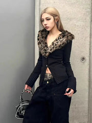 PICSGIRL  -  Street Hot Girl Style Leopard Print Sexy Knitted Cardigan Women's Autumn  American Vintage Y2K Sweater Harajuku Casual Tops Aiertu