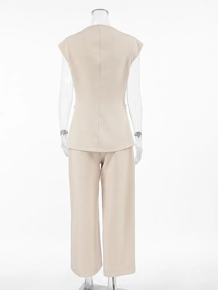 Aiertu  -  Commute Blazer Suit Women V-neck Sleeveless Single Breasted Tank High Waist Wide Leg Pant Female Set 2025 Early Spring Lady Sets Aiertu