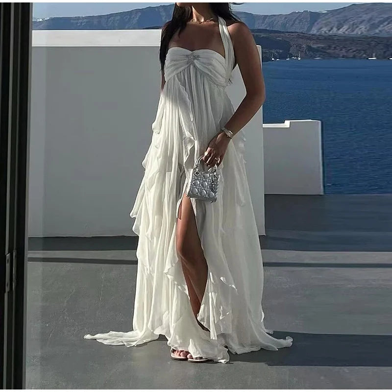 Aiertu  -  Sexy Backless Halter Women's Dresses Fashion Ruffly Pleated Sleeveless Long Dresses Women Retro Elegant Beach Party Dress Aiertu