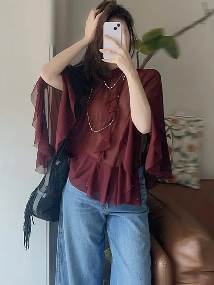 Aiertu  -  Layered Bow Cloak Women Shirt Top Pleated Round Neck Female Cape Jacket Coat Ribbon French Perspective Loose Casual Blouse New Aiertu
