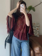 Aiertu  -  Layered Bow Cloak Women Shirt Top Pleated Round Neck Female Cape Jacket Coat Ribbon French Perspective Loose Casual Blouse New Aiertu
