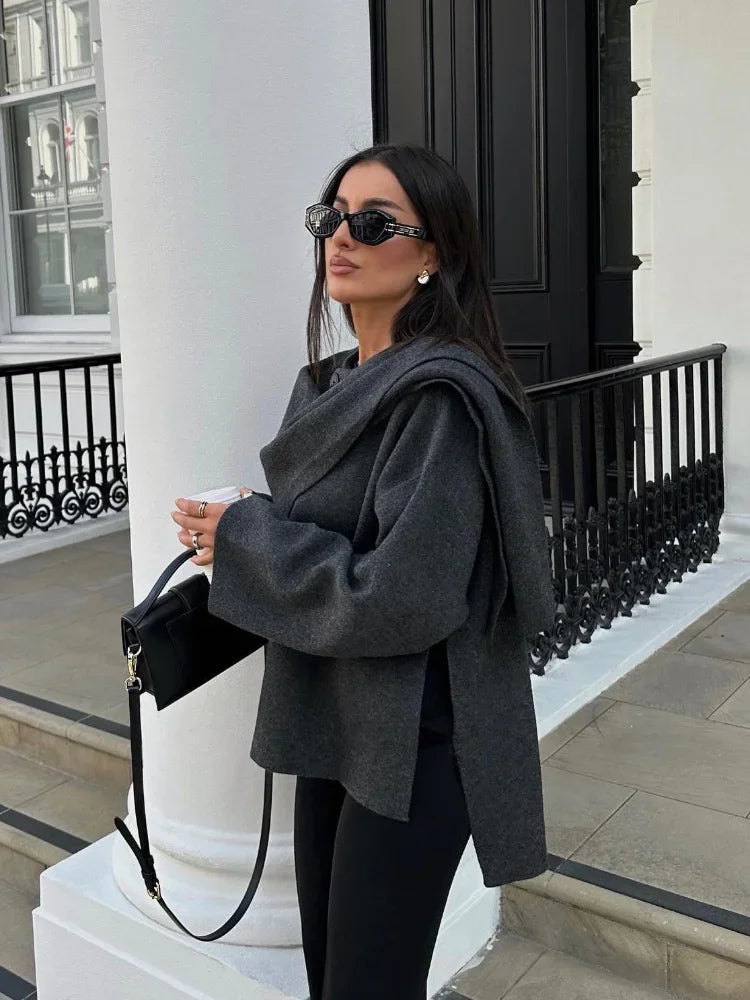 Aiertu  -  Women Fashion Scarf Decorated Woolen Jacket Casual Solid Long Sleeve Loose Warm Overcoat 2026 Autumn Winter New Lady Chic Coat Aiertu