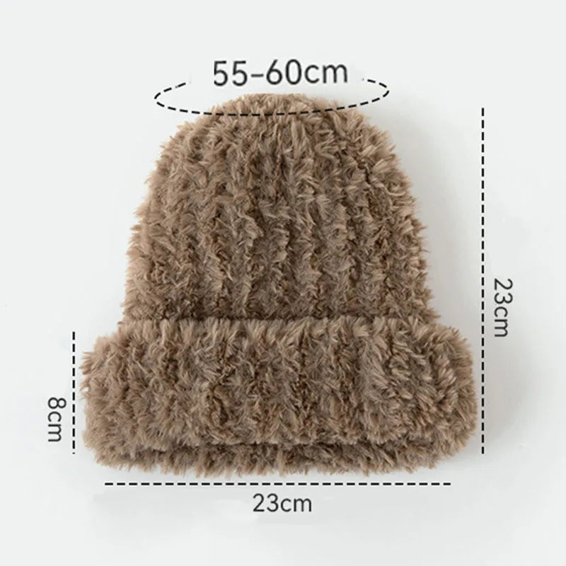 Aiertu  -  Winter Warm Beanies Hat Plush Thicke Imitate Rabbit Fur Bonnet Fleece Pullover Skull Cap Big Head Circumference Women Woolen Hat Aiertu