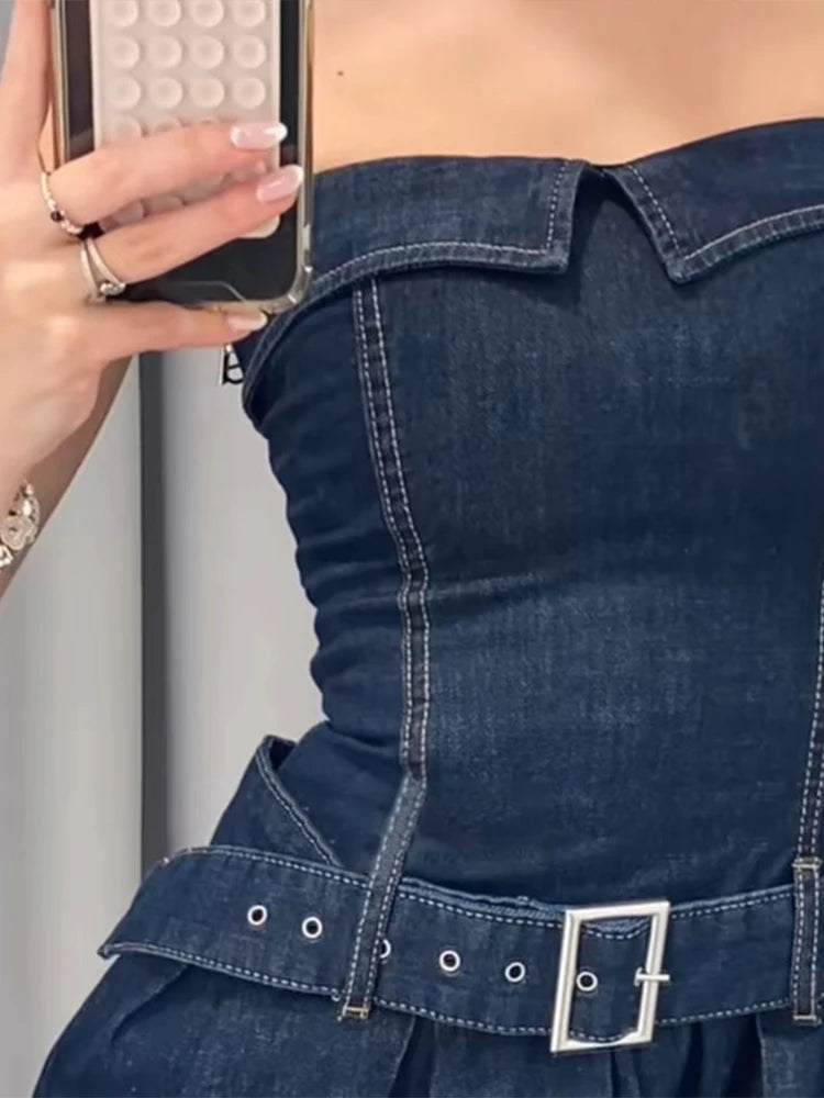 Aiertu  -  Sexy Women's Denim Mini Dress Adjustable Belt Strapless Ruffle Hem Dresses Lady Summer New Casual Party Club Wear 2025 Aiertu