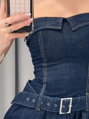 Aiertu  -  Sexy Women's Denim Mini Dress Adjustable Belt Strapless Ruffle Hem Dresses Lady Summer New Casual Party Club Wear 2025 Aiertu