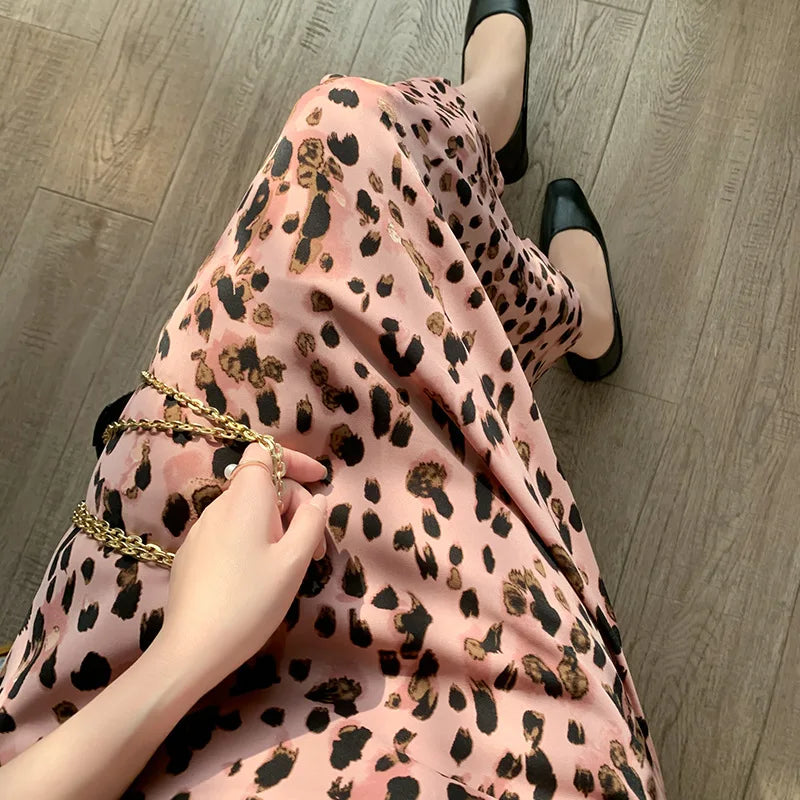 Aiertu  -  Pink Leopard Print Skirt Sweet Cool Cute Thin Mid-length A-line Skirt Spring/Summer Women Vintage Outerwear Clothing Aiertu