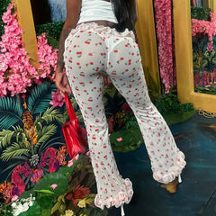 Aiertu  -  Women's Sexy See Through Ruffles Flare Pants Cherry Print Mesh Trousers 2025 New Summer Cute Party Club Bottoms Beachwear Aiertu