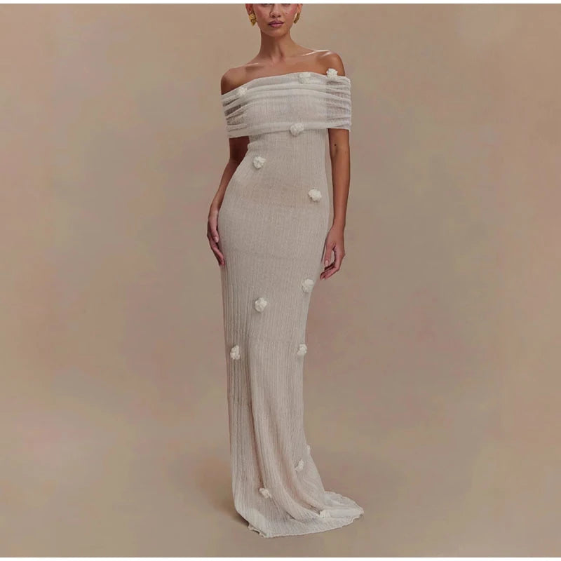 Aiertu  -  Romantic 3D Flower Gauze Dress Women Slash Neck Short Sleeves Slim Hip Package Floor-length Dresses Female 2025 Spring Summer Aiertu