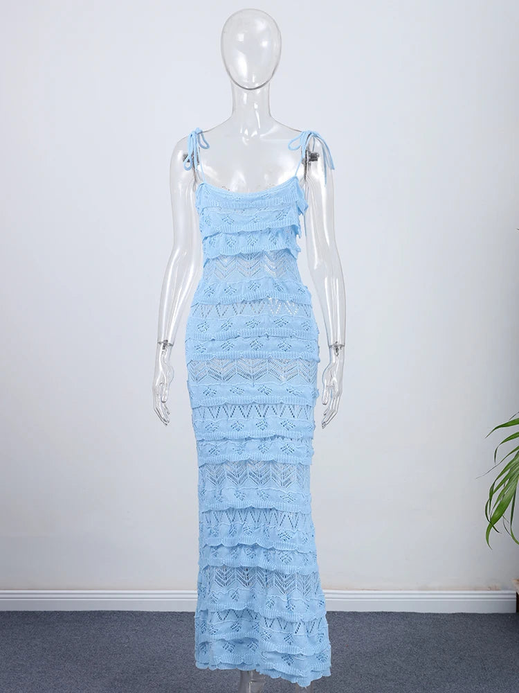 Aiertu  -  Knitted Lace Halter Long Dress Ruffles Pleated Hollowed Out Suspender Slim Fit Sexy Beach Women Strap Dresses Multi-Layer Robes Aiertu