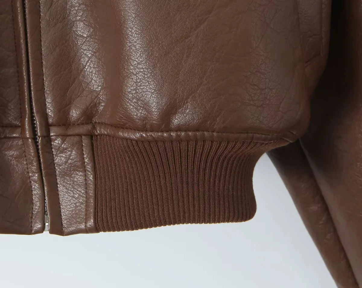 Aiertu  -  Lapel Cotton Leather Jacket Woman Short Retro Zipper Cardigan PU Jacket Solid 2025 Spring New female High Street Outwaer Aiertu