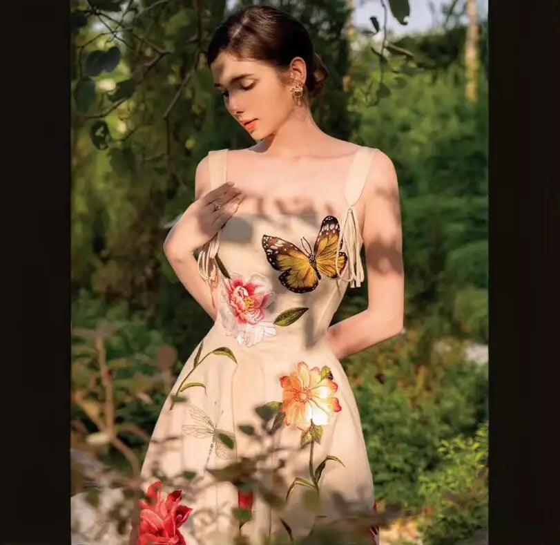 Aiertu  -   party look snspos New Fashion Butterfly Flower Print Vintage Runway Dress For Women Sexy Spaghetti Strap Slim Waist Dresses Vestidos Aiertu