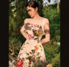 Aiertu  -   party look snspos New Fashion Butterfly Flower Print Vintage Runway Dress For Women Sexy Spaghetti Strap Slim Waist Dresses Vestidos Aiertu