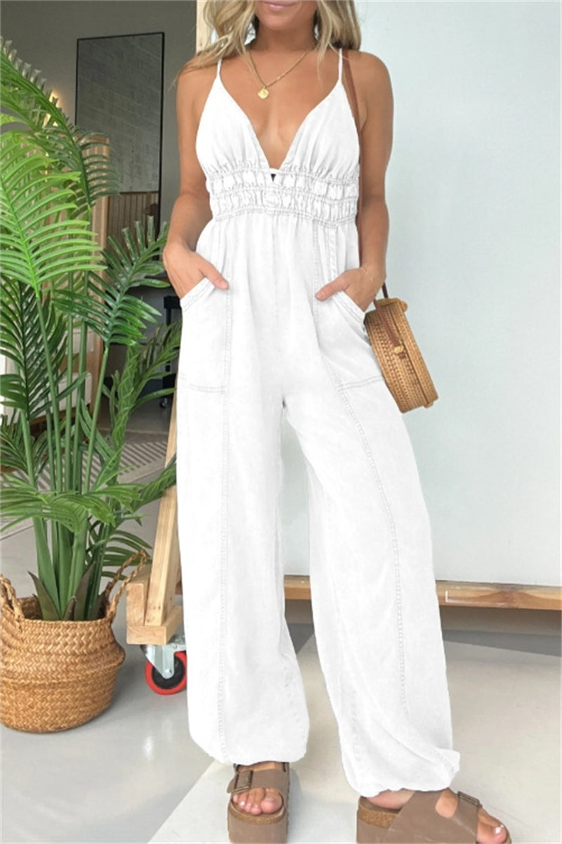 Aiertu  -  Sexy Casual Solid Color Patchwork Backless Spaghetti Strap Fitted Jumpsuits(5 Colors) Aiertu