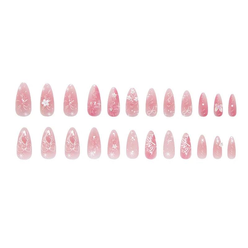 Aiertu  -  24PCS Sweet Pink Blush Wearable Press on Nail 3D Flowers Butterfly Decorations Fake Nail for Loving Girls Almond False Nail Tips Aiertu