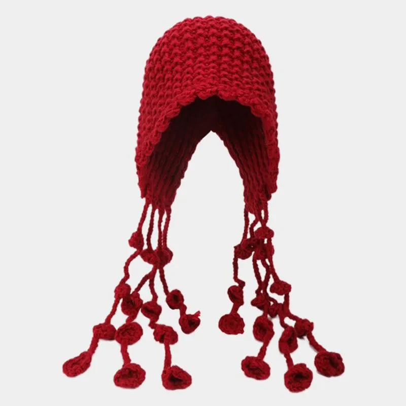 Aiertu  -  Winter Handmade Beanies for Women Fashion Tassel Thickened Warm Knitted Pullover Hat Outdoor Ear Protection Strap Woolen Bonnets Aiertu