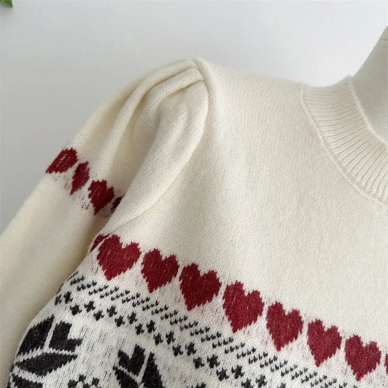 Aiertu  -  Vintage  Fair Isle Crew Neck Jumper Heart Pattern Knitted Pullovers Christmas Sweater Holiday Knitwear Autumn Women Outerwear Aiertu