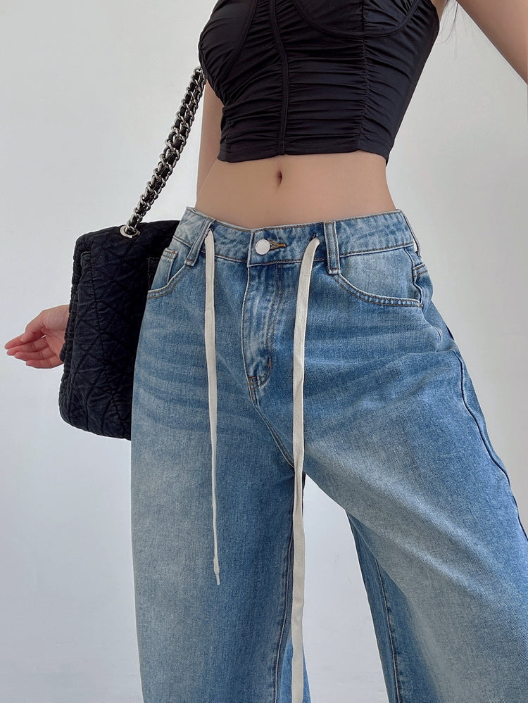 Aiertu Denim Blue Washed Low Rise Straight Leg Jeans Pants Aiertu