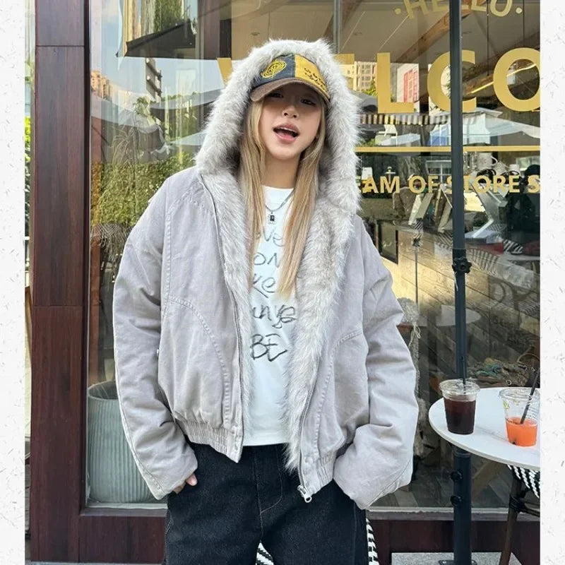 Aiertu  -  Trendy Y2K Plush Lined Hooded Solid Color Thick Coat Women's Popular Clothing Winter New Plus Velvet Thick Loose Casual Coat Aiertu