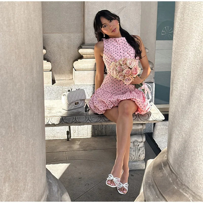 Aiertu  -  Women's Pink Polka Dot Summer Dress 2026 Fashion Puff Hem High Waist Gowns Chic Streetwear Lady Vestidos With Boat Neck Buttons Aiertu
