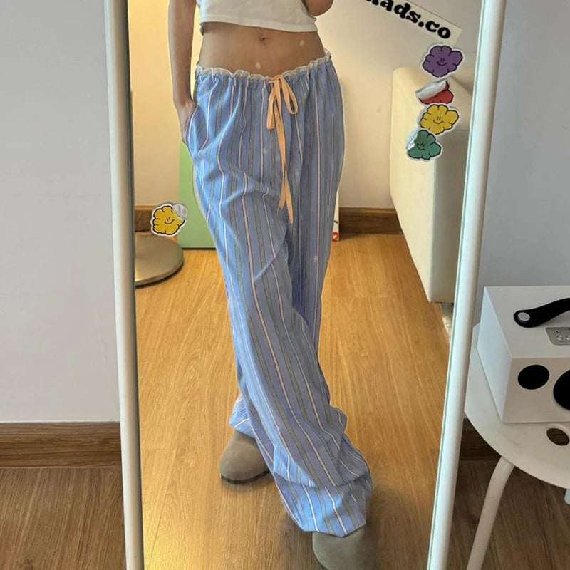 Aiertu  -  Sweet Stripe Lace Patchwork Women Pants Low Waist Drawstring Harajuku Korean Trousers Straight Leg Bottoms Basic New Aiertu