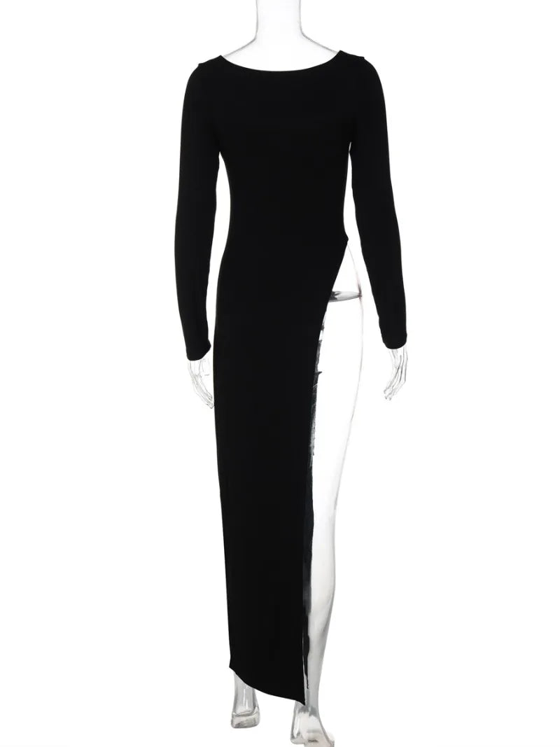 Aiertu  -  Woman Clothing Long Sleeve High Slit Black T-shirt Dress Y2K Streetwear 2026 Fall Ladies High Waist Slim Irregular Long Dresses Aiertu