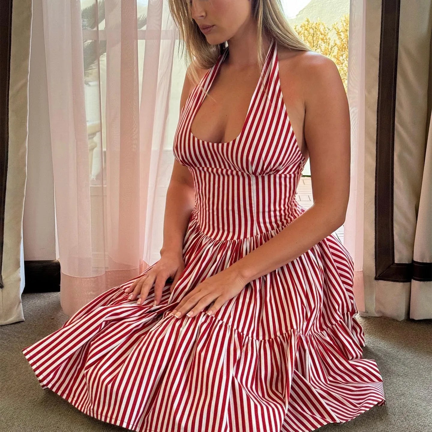 Aiertu  -  Fashion Women's Short Halter Dress y2k Vintage Striped Sleeveless Backless A-Line Tiered Ruffle Dress for Party Club Aiertu