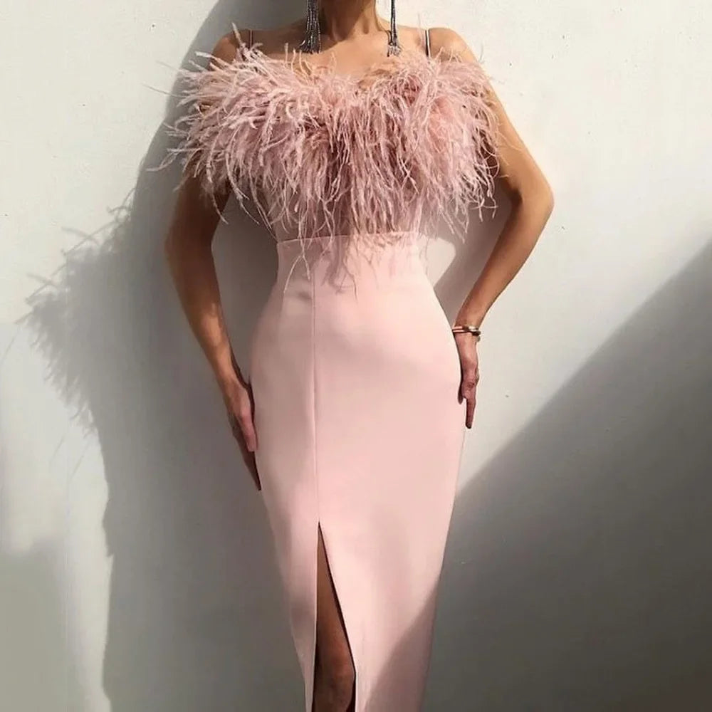 Aiertu  -  New Spring and Summer European and American Women's Dress with Feathered Halter Slim Temperament Package Arm Dress Aiertu