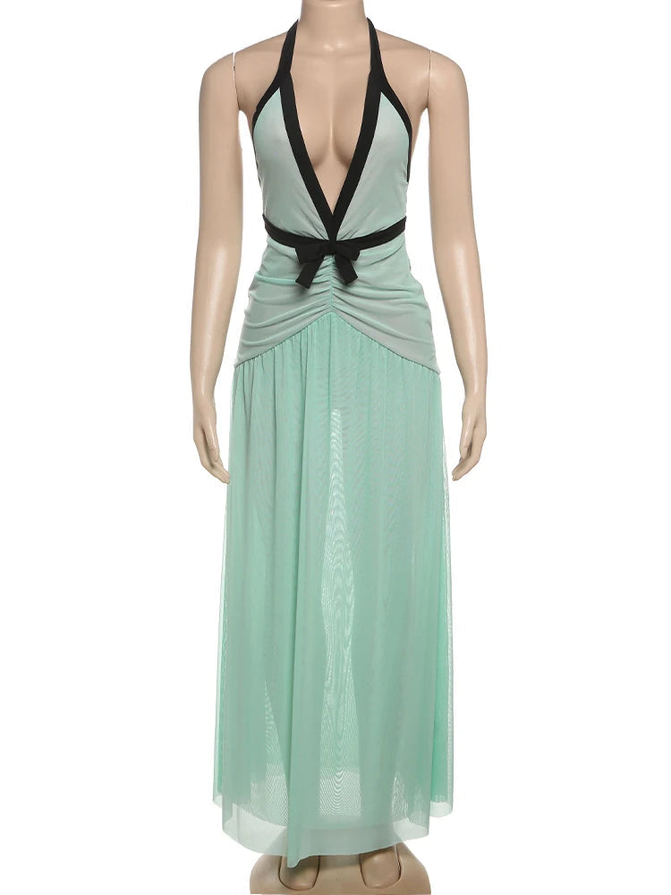 Aiertu  -  Women's French Classic Maxi Dress Panelled Trim Halter Deep V-neck Backless Pleated Long Robe Lady Elegant Evening Robe Aiertu