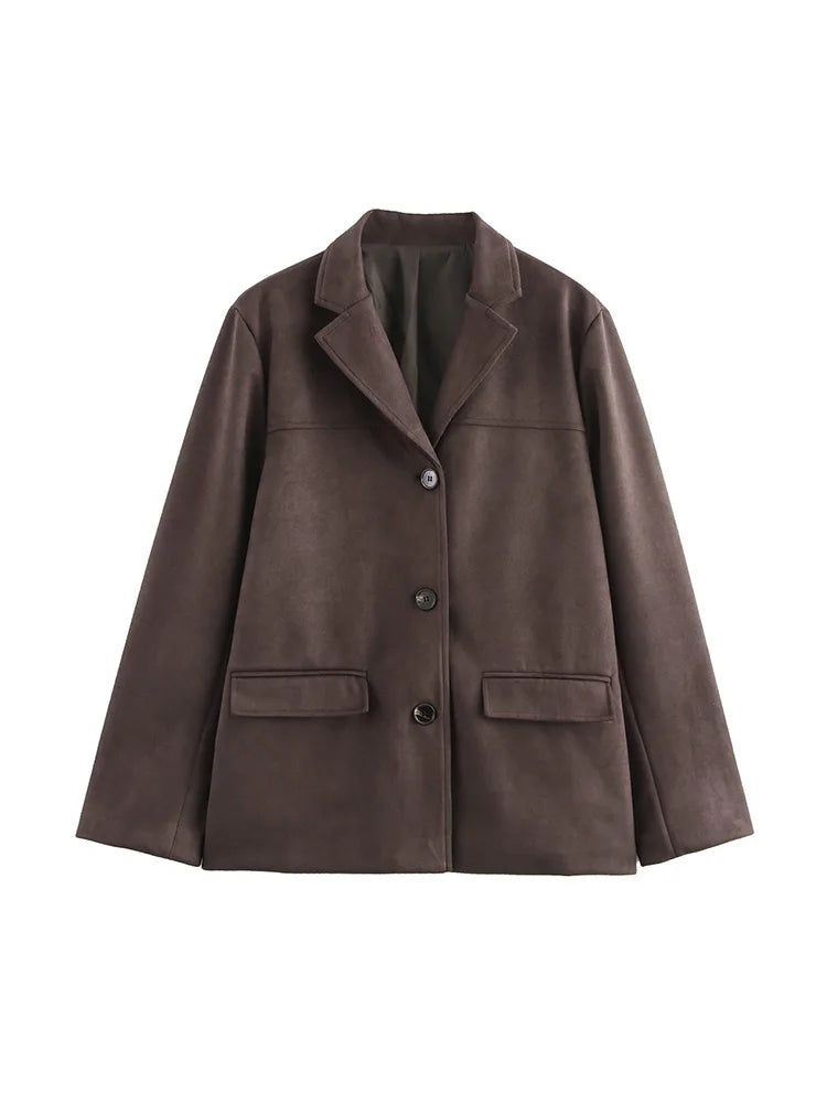 Aiertu  -  Women Fashion With Pockets Solid Single Breasted Blazer Vintage Notched Neck Long Sleeves Female Chic Lady Outfits Aiertu