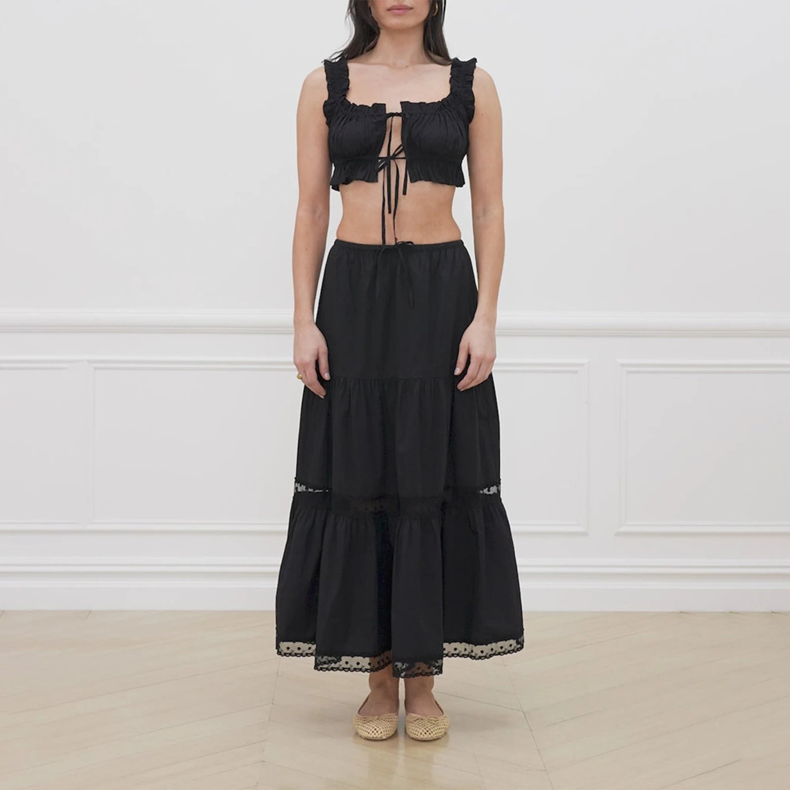Aiertu  -  Vintage Frill Strap Front Tie Up Crop Tops + Maxi A-line Skirt Elegant Women Chic 2 Piece Set Fairy Y2K Matching Outfits Aiertu