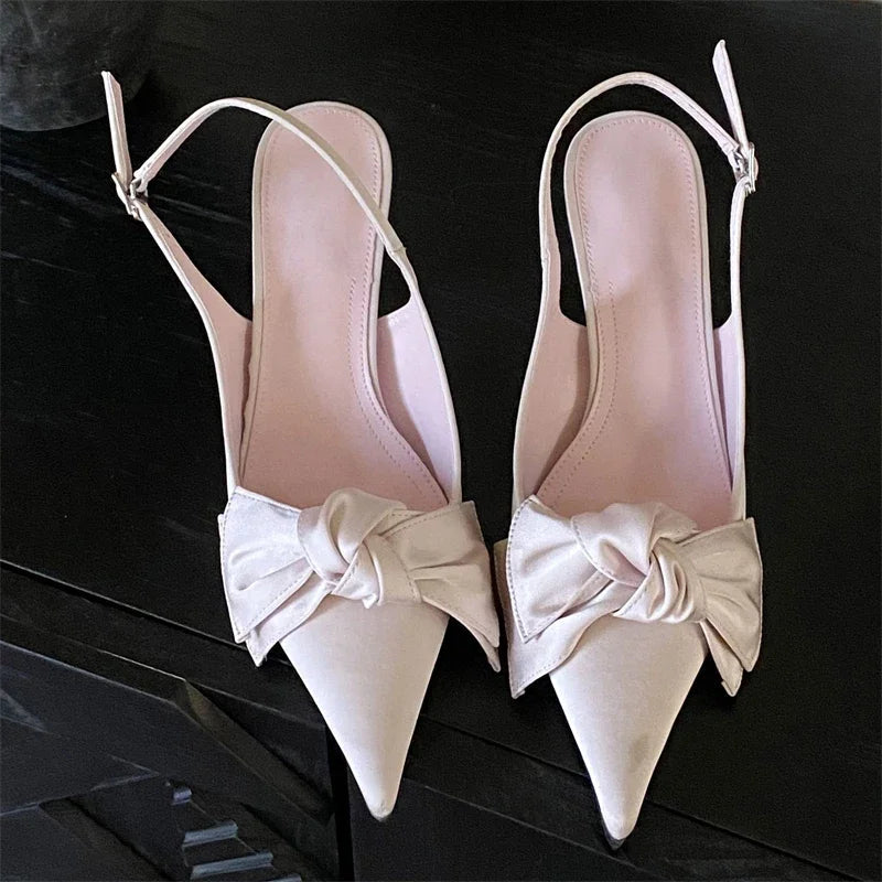Aiertu  -  High Quality Butterfly-knot Stiletto Heels Women Pumps Fashion Satin Pointed Toe Buckle Strap Stripper Party Shoes Aiertu