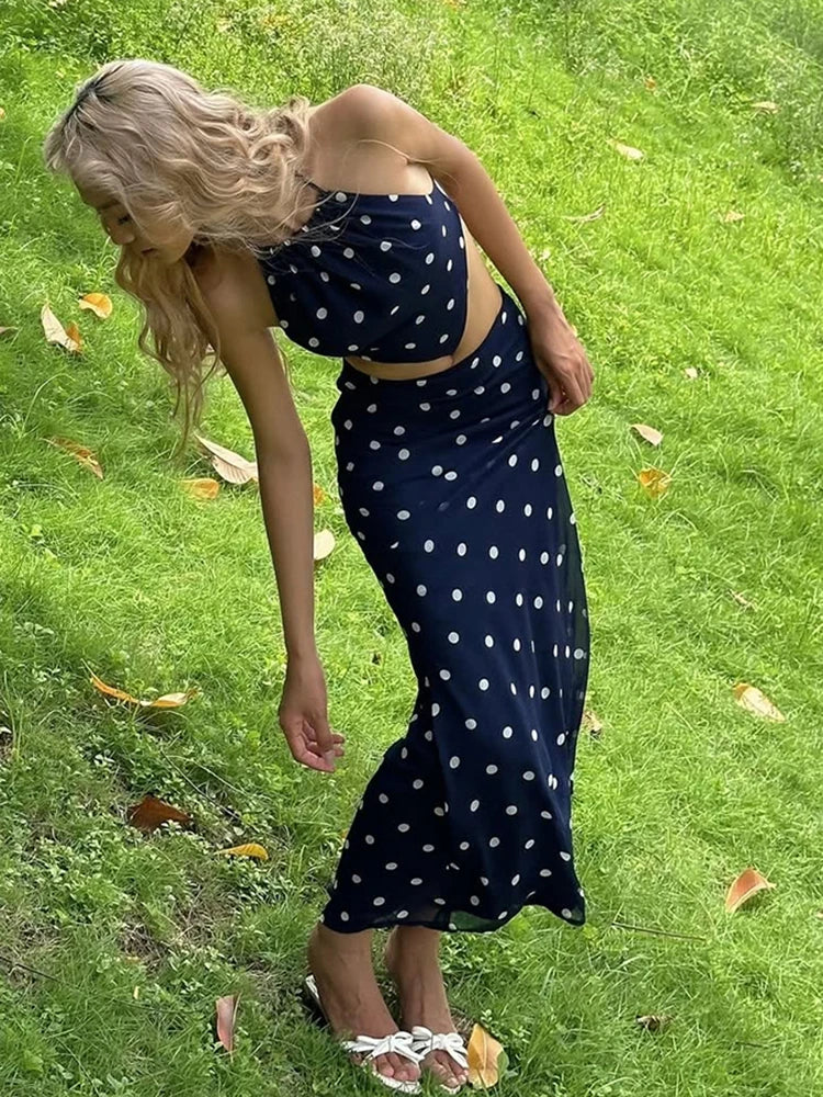 Aiertu  -  Sexy Polka Dot Print 2-Piece Set Women Halter Bandage Halter Backless Sleeveless Mini Tops+Straight Skirt Matching Suit Aiertu