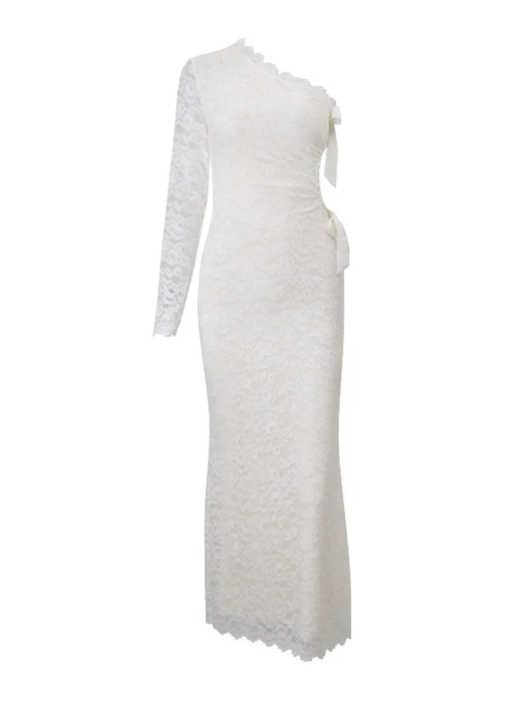 Aiertu  -  Elegant Single Shoulder Sleeve Lace Hollow Body Long Dress Women's New Sexy Lace Butterfly Party Club Vacation Beachwear Aiertu