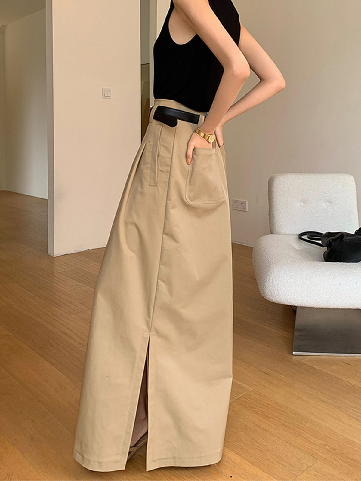 Aiertu  Oversized Cotton Split Maxi Skirt Without Belt shopify