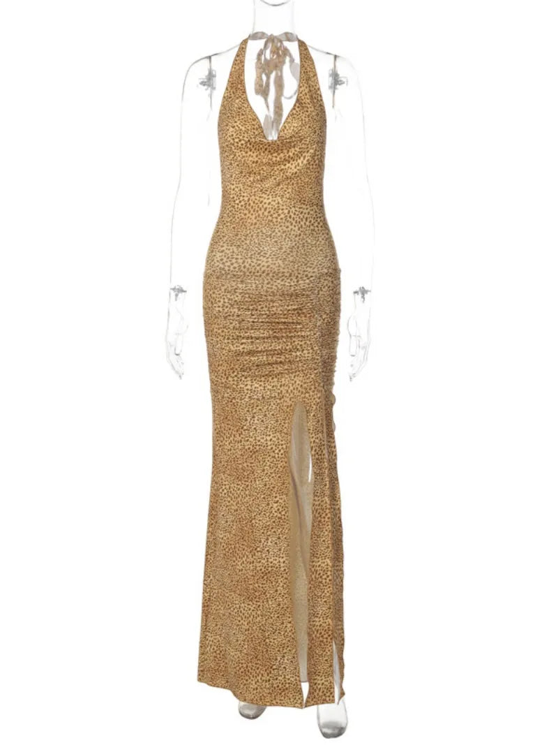 Aiertu  -  Women's Halter Neck Sleeveless Backless High Slit Beach Dress Female Leopard Printed Lace-up High Waist Slim Long Party Dresses Aiertu
