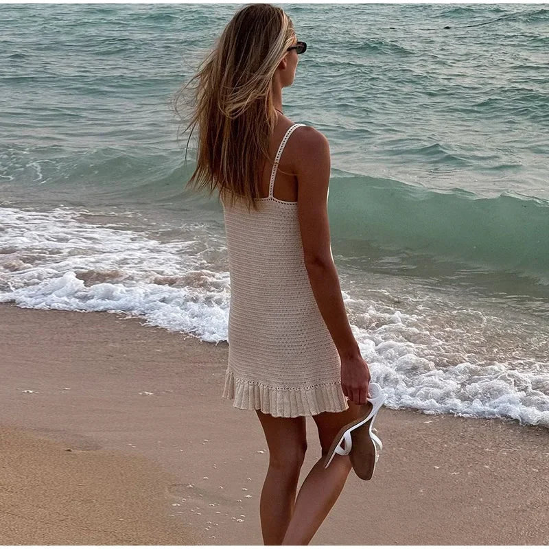Aiertu  -  Ruffle Hollow Out Short Beach Dress Women Knitted Sleeveless Backless A-line Sling Dresses 2025 Summer Vacation Swimsuit Vestido Aiertu