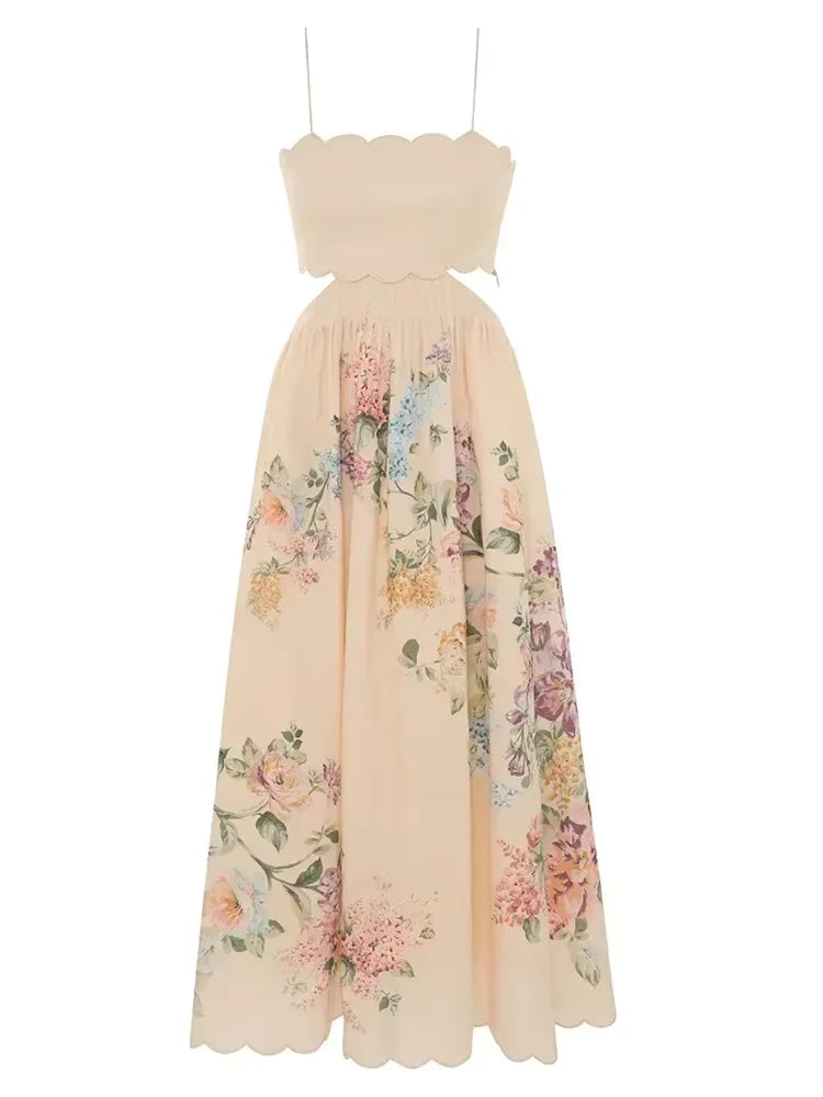 Aiertu  -  Women Flower Print Hollow Waist Sling Maxi Dresses Elegant Sexy Sleeveless Backless A Line Long Dress Fashion Ladies Party Robes Aiertu